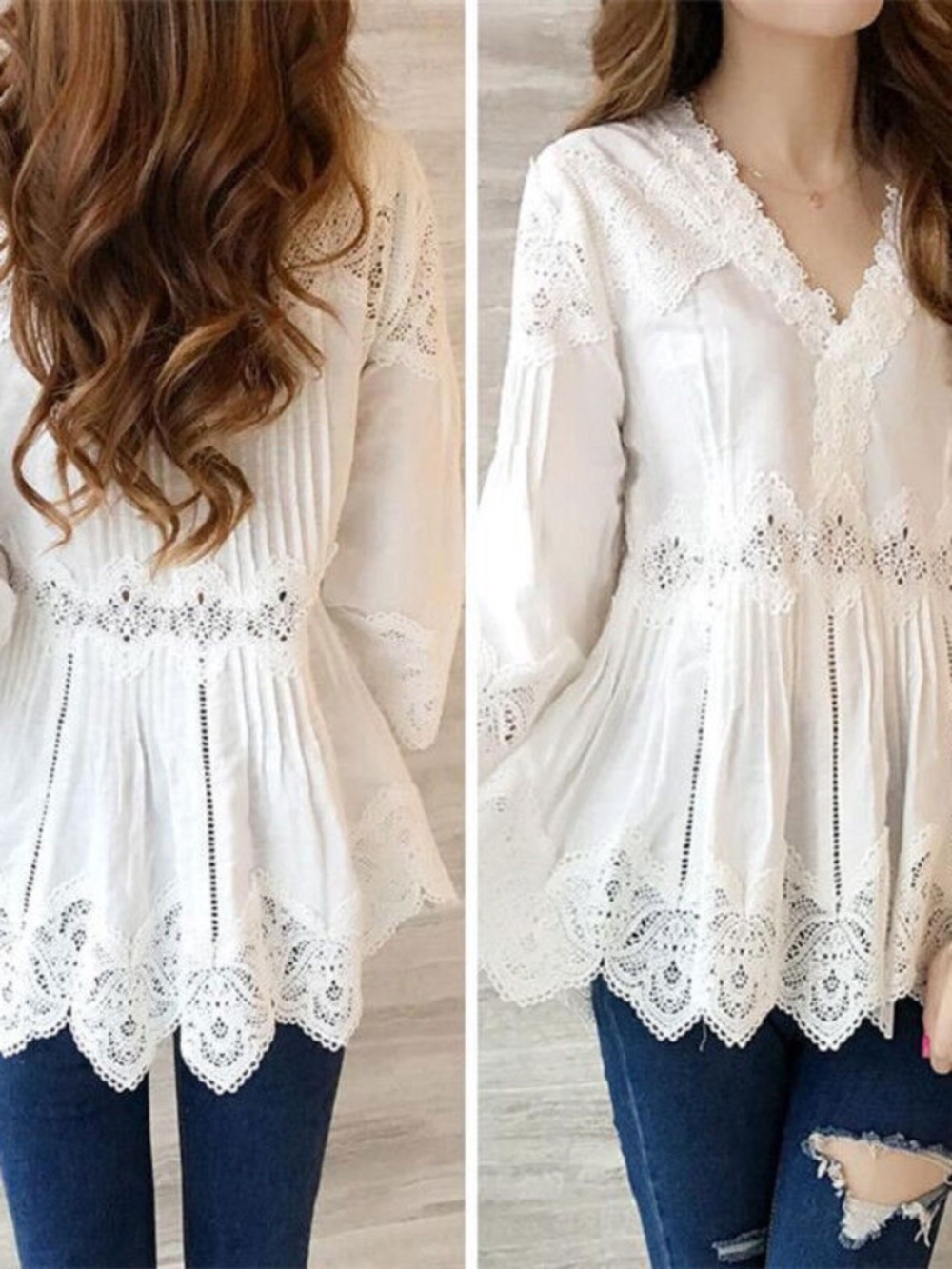 Women'S Korean Fashion V-Neck Ruffled Lace Long Sleeve White Shirt Blouses Top A